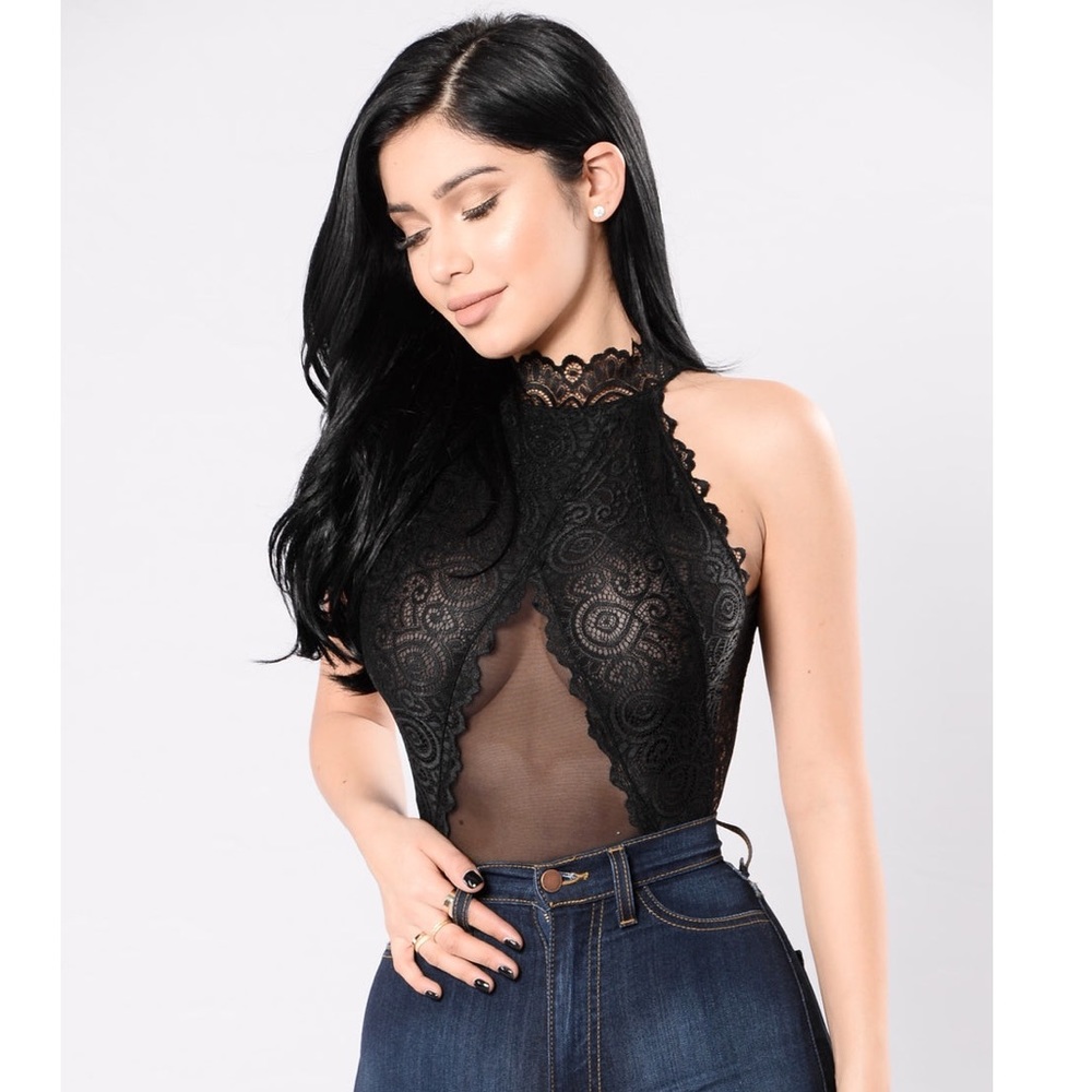 Black Mixed Media Lace Sheer Open Back Renaissance Indie Whimsical Bodysuit XS